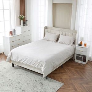 FCH Two-Drawer Bedside Cabinet with Wavy Pattern White P2 Density Board Nightstands Front Drawer - Product Image 6