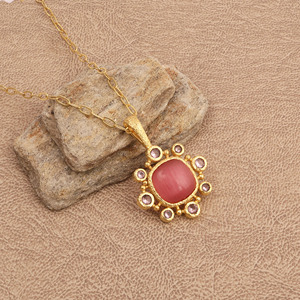 Pink Cat's Eye Pendant Gold Plated Necklace Vintage Statement Jewelry Birthstone gift for Her - Product Image 1
