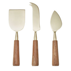 Juego de 3 cuchillos para queso de madera de acacia con acabado dorado, hojas de acero inoxidable, mango de madera duradero, herramientas para queso para tabla de charcutería. - Product Image 1