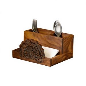 Portacubiertos de madera hecho a mano, soporte de madera de acacia, cesta de cocina personalizable para cucharas y tenedores, para el hogar y restaurantes, exportaciones de craftera - Product Image 1