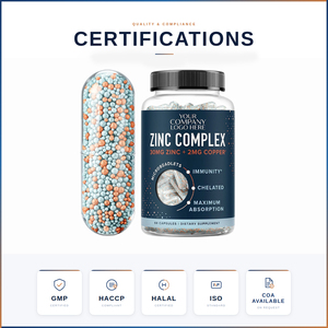 Capsules de zinc complexe à marque privée 30 mg de zinc + 2 mg de cuivre chélaté, complément alimentaire pour soutenir l'immunité, 60 unités - Product Image 1