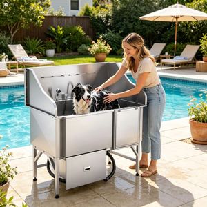 Stazione Professionale per Toelettatura Cani e Gatti, Vasca in Acciaio Inox con Base in Legno e PP per Uso Interno, Adatta per Cani, Gatti e Rettili - Product Image 6