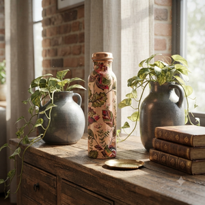 Handcrafted Copper Water <b>Bottle</b> Floral Print Design Reusable Metal Drinkware Wholesale Indian Handmade Kitchen Gift Export Range - Product Image 5
