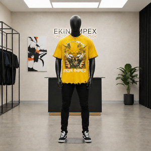 เสื้อยืดผู้ชายสไตล์พังก์สีเหลืองของ Ekin Impex ลายหัวกะโหลก ประดับหมุดโลหะ ชายเสื้อแบบทำสีซีด แขนสั้น เสื้อลำลอง - Product Image 3