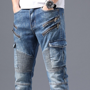 Jean en denim pour homme, coupe slim, respirant, style motard, avec poches zippées, en coton délavé, style cargo, taille mi-haute, imprimé brodé, collection automne - Product Image 2