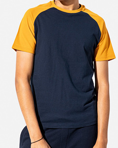 Camiseta de manga raglán azul marino y amarillo mostaza para hombre, cuello redondo, corte regular, informal, de color sólido, tejida en algodón, en venta. - Product Image 1