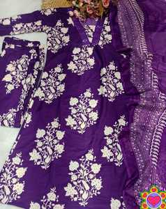 Purple Rayon Blend Indian Pakistani Set V Neck Printed <b>Kurta</b> Palazzo Dupatta Casual Recycled Materials Regular Fit for <b>Women</b> - Product Image 4