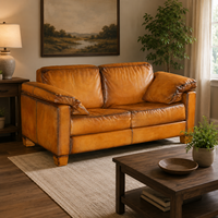 2-Sitzer Sofa Klassisches Braunes Echtleder Chesterfield Flügelsofa mit Tief Geknöpfter Rückenlehne, Abgerundeten Armlehnen und Massivholzbeinen