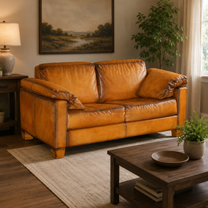 Sofá de 2 Plazas Clásico Marrón de Cuero Genuino Chesterfield con Sillón de Orejas, Respaldo Acolchado con Botones Profundos, Brazos Enrollados y Patas de Madera Maciza - Product Image 1