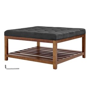 Mesa de Centro Otomana Cuadrada Grande de 34.5 Pulgadas con Estante de Madera Sólida y Reposapiés Tapizado en Lino - Product Image 1