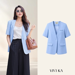 Blazer de Manga Corta Azul Claro para Mujer, Cuello en V, Botón Único, Color Sólido, Corte Regular, Ropa Casual de Oficina, Tela de Lana - Product Image 1