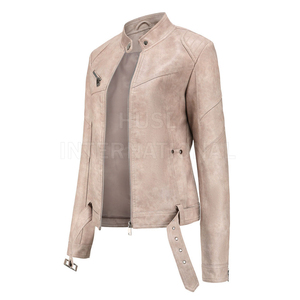 Women's Beige PU Leather Moto <b>Jacket</b> Full Sleeve Stand Collar Zipper Closure Belted Design Autumn Style - Product Image 4