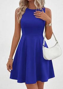 Robe mini sans manches à col rond, coupe ajustée, couleur unie, respirante, décontractée, pour l'été, avec ourlet droit et fente latérale - Product Image 3