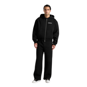 Men's Full <b>Zip</b> Hooded Tracksuit With Wide Leg <b>Trousers</b> Drawstring Waist Open Hem Relaxed Fit Two Piece Wholesale Custom OEM Sets - Product Image 1