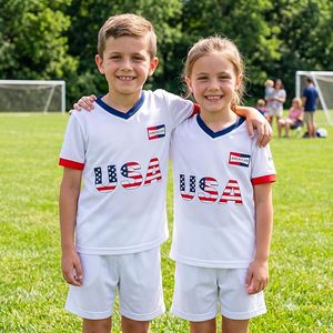 Conjunto de Camiseta de Fútbol Juvenil de EE. UU., Blanca, Cuello en V, Manga Corta, Malla Transpirable, para Niños, Todas las Temporadas, Impresión Sublimada - Product Image 2