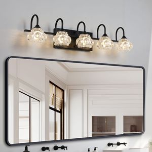 Lampada da parete retrò a 5 luci per bagno, 29 pollici, con finitura nera e paralumi in vetro cristallo - POW! - Product Image 3