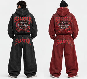 Ensemble survêtement homme délavé à l'acide, coupe ample, style streetwear, deux pièces avec imprimé œil et option logos personnalisés - Product Image 2