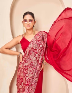 KV Women's <b>Red</b> Satin Plain Bollywood Style <b>Saree</b> With Unstitched Blouse - Product Image 1