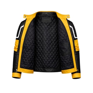 Custom Men’s Yellow Black Genuine Cowhide <b>Leather</b> <b>Biker</b> <b>Jacket</b> With Quilted Shoulders And Zip Pockets - Product Image 4