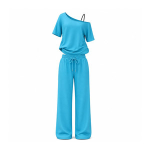 Women's Red Asymmetrical Off Shoulder Top With Wide Leg Pants 2 Piece Casual <b>Set</b> Loose Fit Full Length Solid Color <b>Knitted</b> Wear - Product Image 4