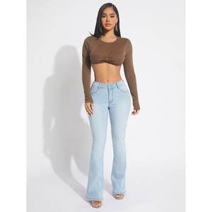 กางเกงยีนส์ทรงบานสีฟ้าอ่อนสไตล์วินเทจสำหรับผู้หญิง เอวสูง ขากระดิ่ง ผ้ามีความยืดหยุ่น แฟชั่นสตรีทแวร์ ไซส์ 26 ถึง 40 - Product Image 6