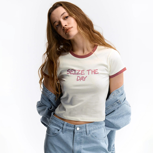 Women's Ringer Baby Tee 100% Cotton Custom Graphics Cropped T Shirt OEM Contrast Trim Y2K Streetwear Vintage Fashion <b>Top</b> - Product Image 2
