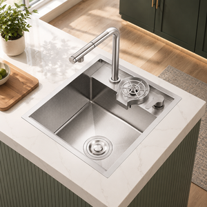 Évier de cuisine rectangulaire Daystar Trade en acier inoxydable moderne à cuve unique, à encastrer sous plan, surface brossée, avec robinet fait main à quatre trous - Product Image 1