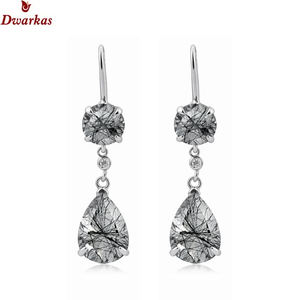 Pendientes de diseño clásico y moderno, plata de ley 925, con piedra de rutilo negro y circonita cúbica, para damas y niñas, fabricación al por mayor. - Product Image 2