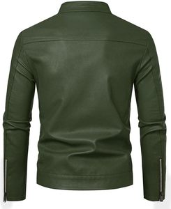 Blouson moto en cuir vert pour homme, col montant, fermeture éclair, coupe ajustée, manches classiques, style automne - Product Image 4