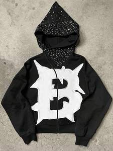 Custom Goth/Streetwear <b>Rhinestone</b> Hoodies Heavyweight Full-Zip <b>Jacket</b> with Custom Applique Patches Pullover Cropped Manufacturer - Product Image 2
