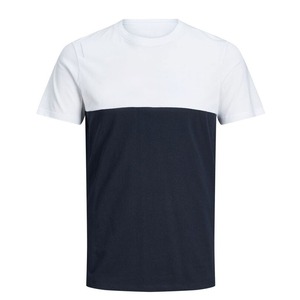 Camiseta de Manga Corta para Hombre, Cuello Redondo, Corte Regular, Estilo Casual, Tejido de Punto, Color Combinado Blanco y Azul Marino, Diseño Liso - Product Image 1