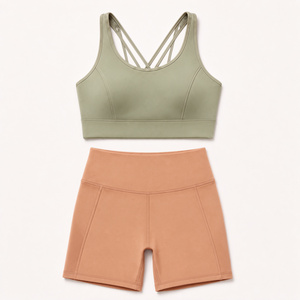 Women's Crisscross Racerback Sports Bra High Waist Shorts Set Solid Pink Breathable <b>Mesh</b> 2 Piece Activewear Yoga Wear - Product Image 4