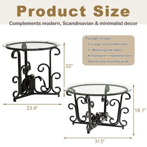 Moderno tavolino 3 pezzi Set di tavolini in vetro temperato robusta struttura in metallo resistente ai graffi facile da pulire per piccoli spazi - Product Image 2