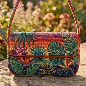 Bolso de Hombro de Lona Hecho a Mano para Mujer con Cuentas, Diseño Floral Mediterráneo, Bolso de Moda Casual para Joyería - Product Image 4