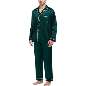 <b>Men</b> Silk Satin <b>Pajamas</b> Long Sleeve Solid Color Classical Style Autumn Sleepwear with Pockets Machine Washable - Product Image 1