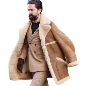 Manteau en cuir véritable bordeaux pour homme, veste en peau de mouton, col en fourrure, fermeture éclair, manteau d'hiver - Product Image 4
