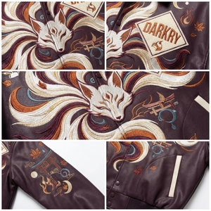 Japanese Nine Tailed Kitsune Fox Embroidery Mens <b>Burgundy</b> <b>Leather</b> Bomber <b>Jacket</b> Vintage Oversized Streetwear Outerwear - Product Image 6