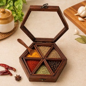 Handcrafted Hexagon <b>Spice</b> <b>Box</b> | Sheesham Wood Masala Dabba 6 Compartment Organizer - Product Image 1