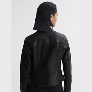Chaqueta de Motociclista de Cuero Genuino para Mujer, Color Sólido, Cuello Redondo, Cierre de Cremallera, Manga Larga, Estilo Otoñal - Product Image 3
