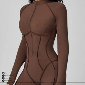 Combinaison de sport chic à fermeture éclair frontale, effet seconde peau, une pièce, dos nu, respirante, pour le yoga et le fitness, ensemble décontracté pour l'entraînement hivernal - Product Image 5