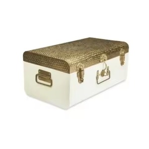 Vintage Metal Trunk Storage Trunk <b>Box</b> Rectangle White with Gold Lid Buckle Closure Multifunctional Home Trunk <b>Box</b> For Cloths Toy - Product Image 1