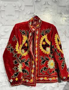 Red Velvet Mandarin Collar Jacket With Floral Embroidery Full Sleeve Winter Women's <b>Coat</b> Handmade Decorative Design B2B Supplier - Product Image 4