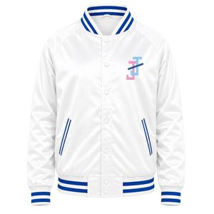 แจ็คเก็ตวาร์ซิตี้ผ้าซาตินสีขาว แต่งขอบสีน้ำเงิน พร้อมลายตัวอักษร สไตล์เบสบอล ติดกระดุมแป๊กด้านหน้า เสื้อคลุมลำลองแฟชั่น - Product Image 1