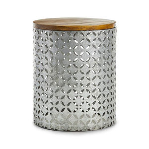 Tabouret Tambour en Métal Galvanisé avec Plateau en Bois, Table d'Appoint Décorative Style Ferme, Meuble de Jardin Extérieur à Découpes Décoratives - Product Image 1