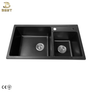 Évier de cuisine double en quartz noir de fabrication vietnamienne, épaisseur 10 mm, à encastrer, personnalisé, avec égouttoir et robinet, style moderne - Product Image 6