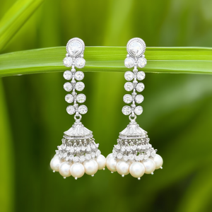 Women's Oxidised Elegant Gold Plated Alloy Jhumka Drop Earrings with White Zircon and Pearl Stones for Wedding Occasion Indian - Product Image 3