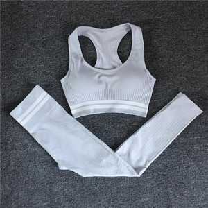 <b>Blue</b> 2 Piece Yoga Set Racerback <b>Crop</b> <b>Top</b> High Waist Leggings Solid Color Ribbed Seamless Breathable Women Workout Wear Custom r - Product Image 3