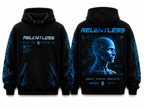 เสื้อฮู้ดดี้สีดำแบบไม่มีลาย แบรนด์ Relentless สำหรับผู้ชาย สไตล์สตรีทแวร์ ทรงปกติ พิมพ์ลายดิจิทัล ลายสายฟ้าสีน้ำเงิน ผ้าเฟรนช์เทอร์รี่ 320gsm - Product Image 3