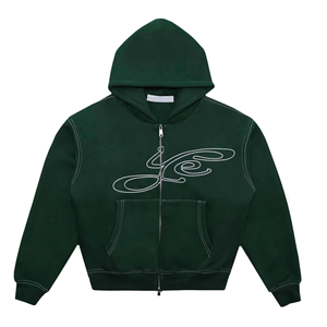 Men's Dark Green Hooded Sweatshirt Oversized Fit Hand Embroidery <b>Back</b> Design Casual Autumn Wear Regular Sleeve Knitted - Product Image 2