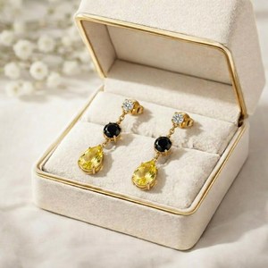 Lemon Quartz & Black Obsidian Drop <b>Earrings</b> Pear Oval CZ Accent Minimalist Dangle <b>Studs</b> Sterling <b>Silver</b> Jewelry Gift For Her - Product Image 4